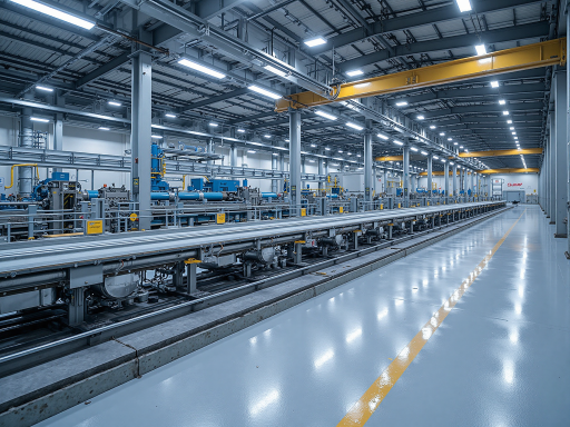 Modern manufacturing facility with automated production lines and quality control equipment, bright industrial lighting